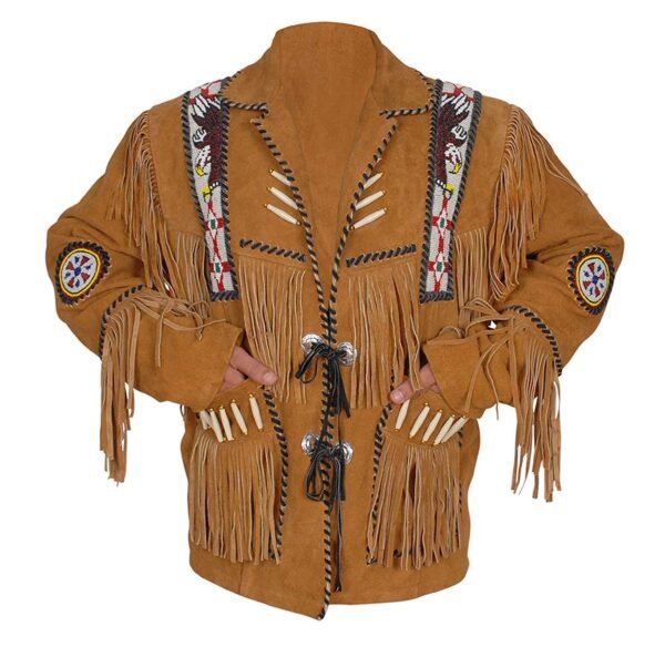 Men Western Leather Jacket Wear Fringes Beads Native American Cowboy Coat