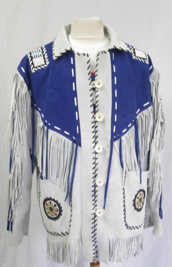 Mens Suede Leather Jacket Western Wear Cowboy Coat Fringe Bead & Bones Work