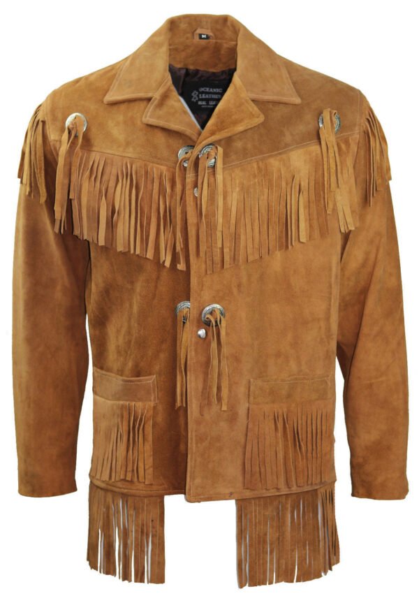 Men Suede Leather Jacket Western Wear Cowboy Coat Fringe Bead & Bones Work