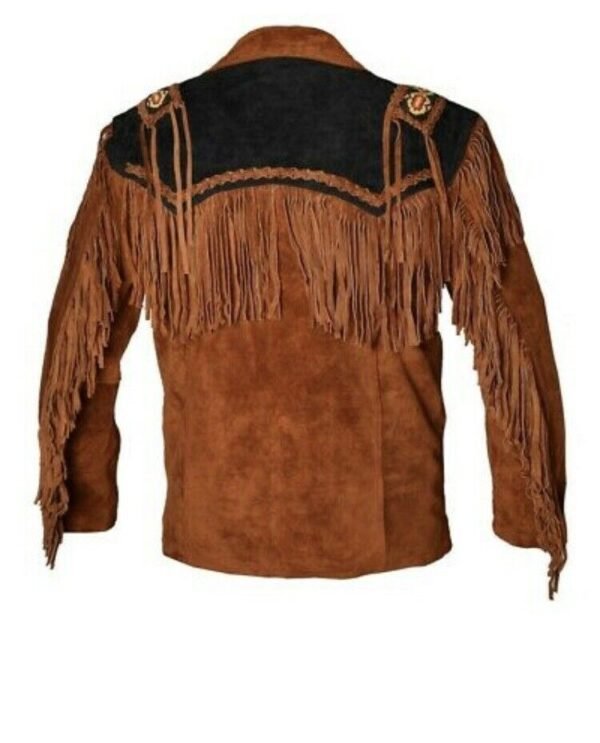 Men Suede Leather Jacket Western Wear Cowboy Coat Fringe Bead & Bones Work