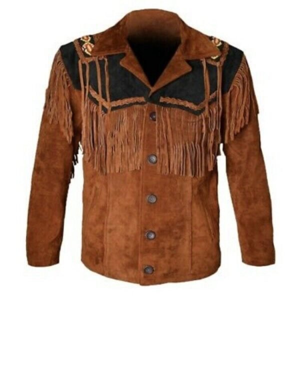 Men Suede Leather Jacket Western Wear Cowboy Coat Fringe Bead & Bones Work