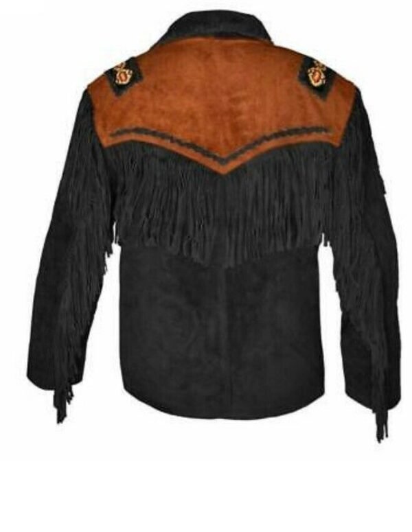 Men Suede Leather Jacket Western Wear Cowboy Coat Fringe Bead & Bones Work