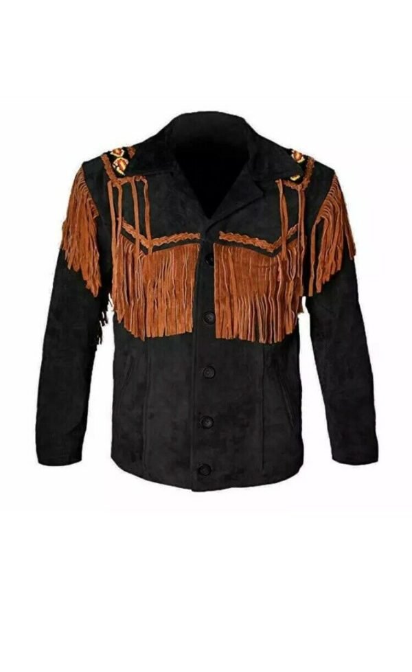 Men Suede Leather Jacket Western Wear Cowboy Coat Fringe Bead & Bones Work
