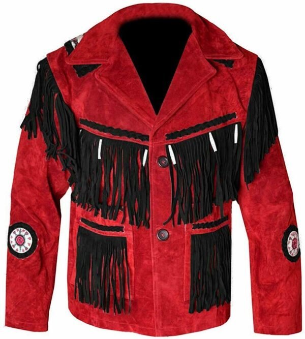 Men Suede Leather Jacket Western Wear Cowboy Coat Fringe Bead & Bones Work