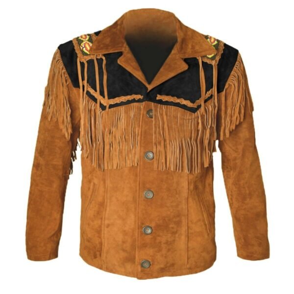 Men Suede Leather Jacket Western Wear Cowboy Coat Fringe Bead & Bones Work