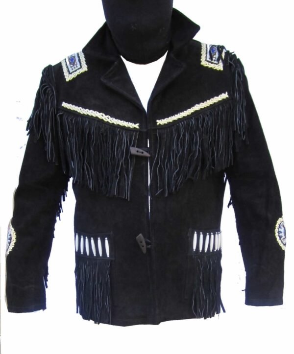 Men Suede Leather Jacket Western Wear Cowboy Coat Fringe Bead & Bones Work