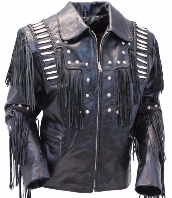 Men Suede Leather Jacket Western Wear Cowboy Coat Fringe Bead & Bones Work